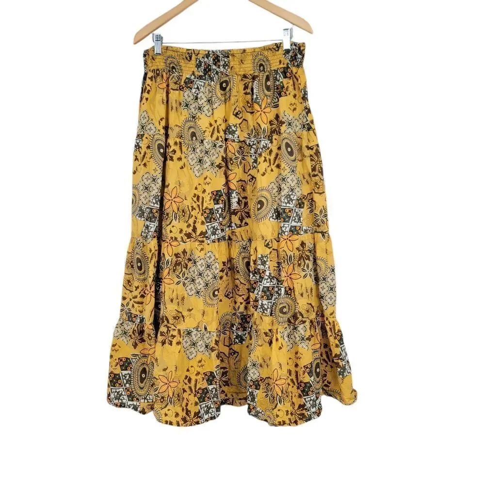 Y2K Cotton Teired Bohemian Western Maxi Skirt Sunflower Yellow Brown Floral